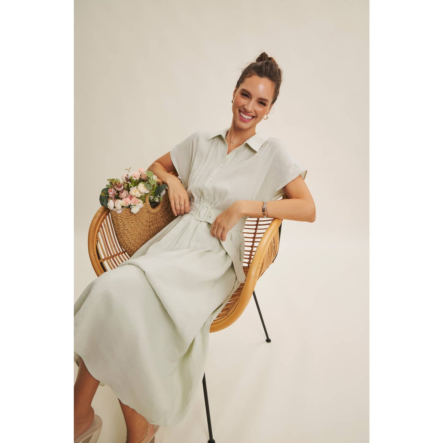 Midi Shirt Dress with Buckle Belt - Pink Peonies