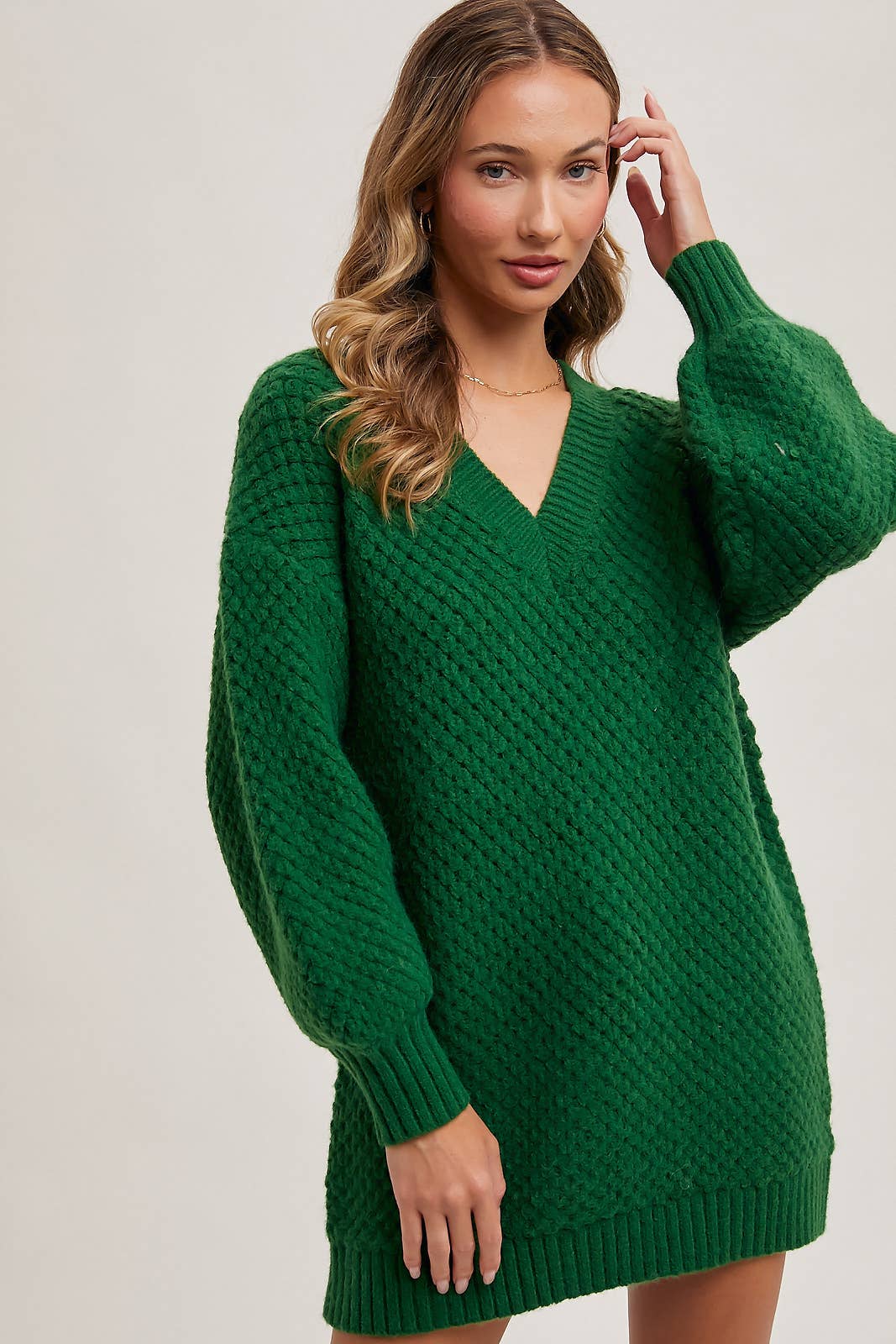 V-NECK BUBBLE SLEEVED KNIT SWEATER TUNIC: CREAM / M/L - Pink Peonies