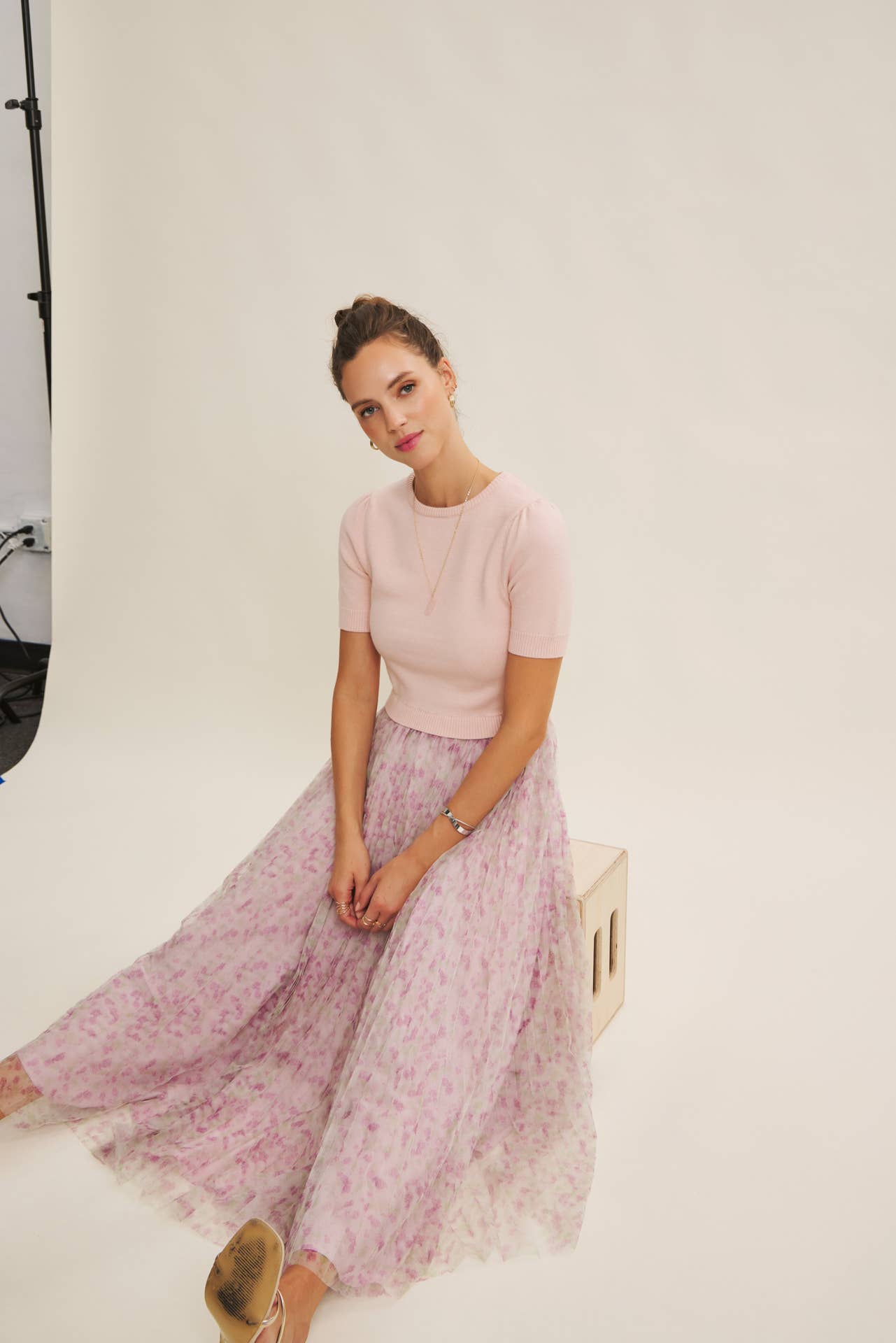Field of Pleated Wildflowers Sweater Mix Media Midi Dress - Pink Peonies
