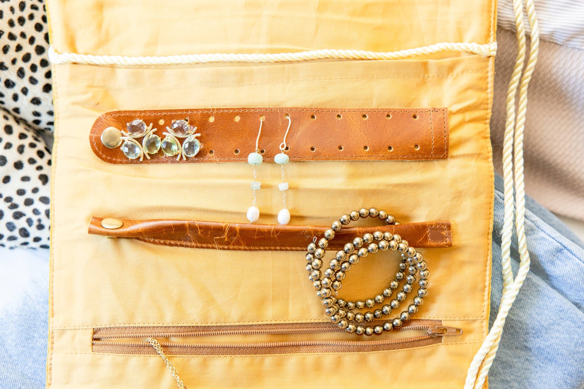 Embroidered Velvet Jewelry Organizer-Mustard - Pink Peonies