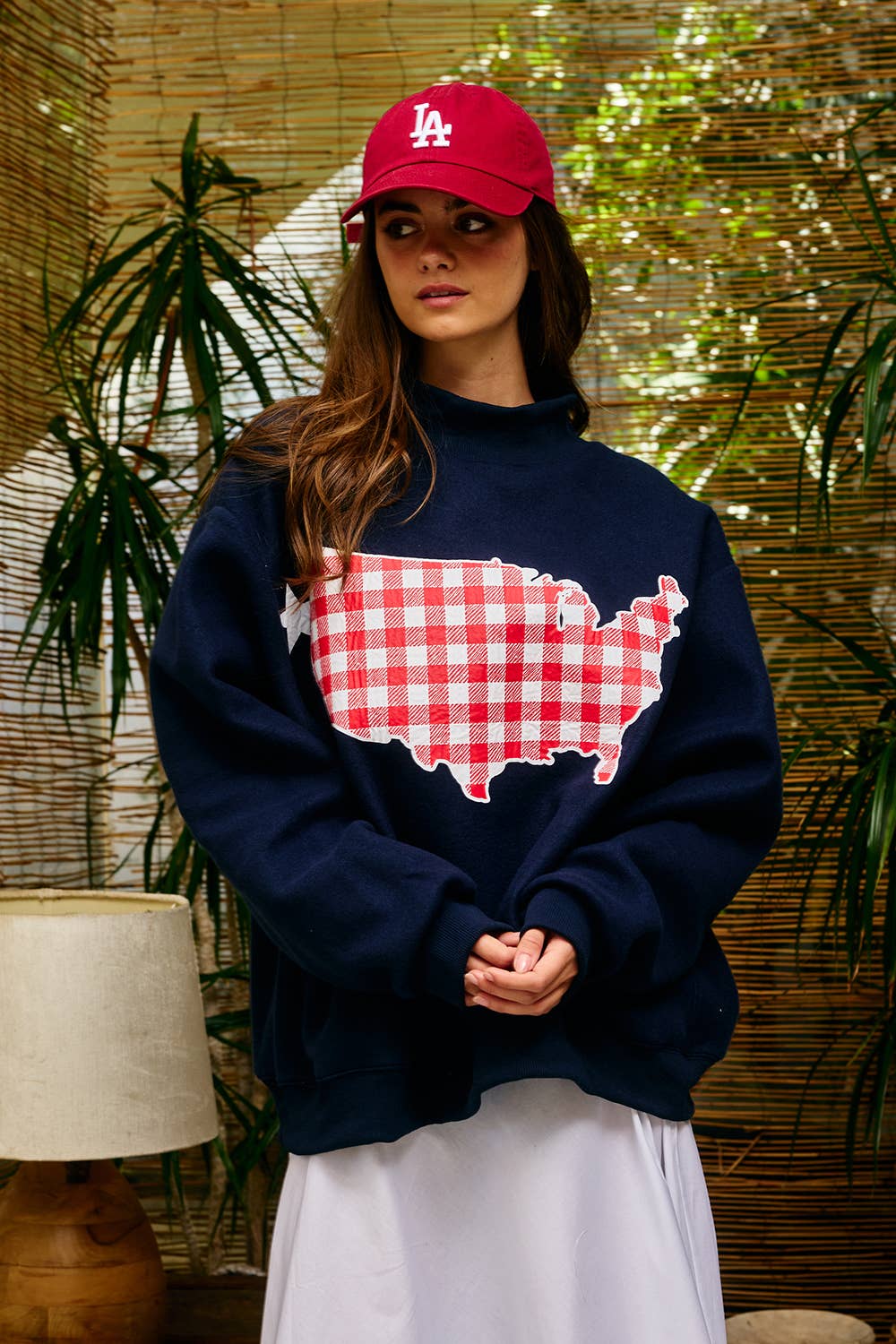 IT2594-USAGINGHAM USA/USA Map Reversible Oversize Sweatshirt: NAVY / S/M-L/XL (3-3) - Pink Peonies
