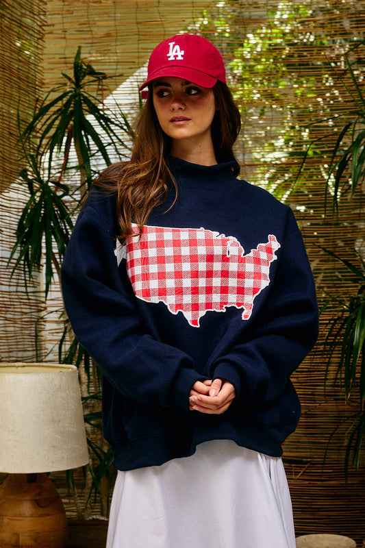 IT2594-USAGINGHAM USA/USA Map Reversible Oversize Sweatshirt: NAVY / S/M-L/XL (3-3) - Pink Peonies