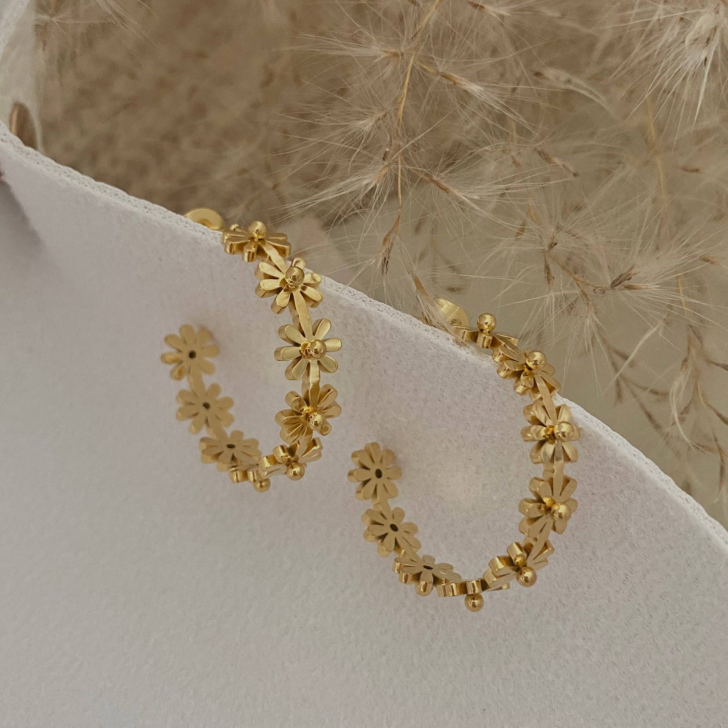 Flower Hoop Earrings 18K gold plated lightweight water resis - Pink Peonies