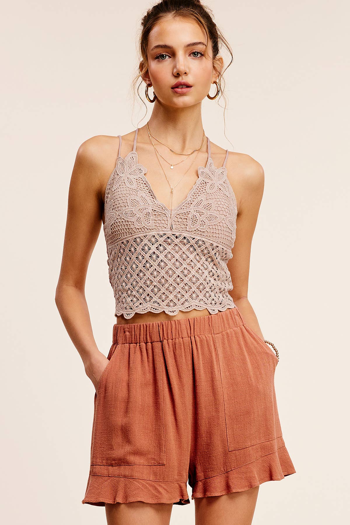 HBP4201-Flared Hem Elastic Band Shorts with Front Pockets: Rust / L - Pink Peonies