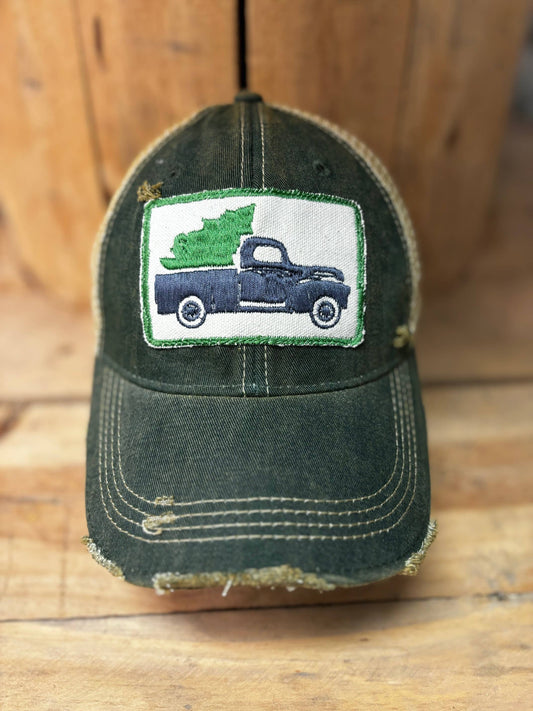 Christmas Tree Pickup Truck Mesh Back Distressed Baseball Hat