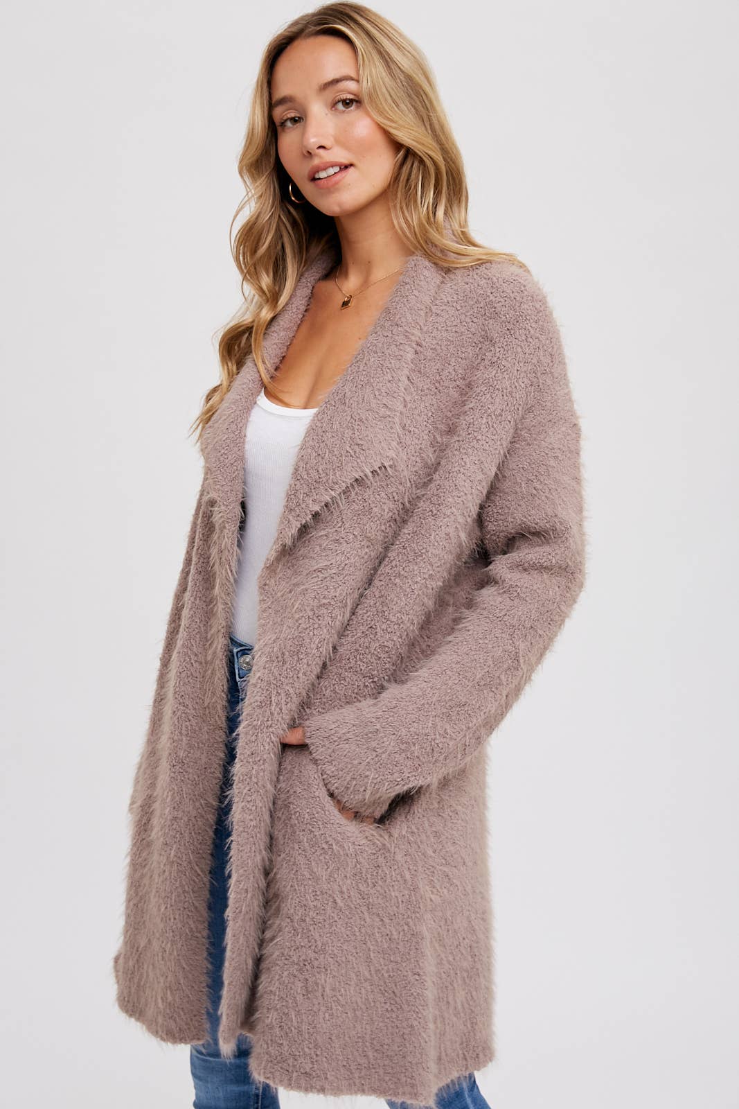 SOFT FUZZY DRAPE FRONT CARDIGAN: MUSHROOM / M/L - Pink Peonies
