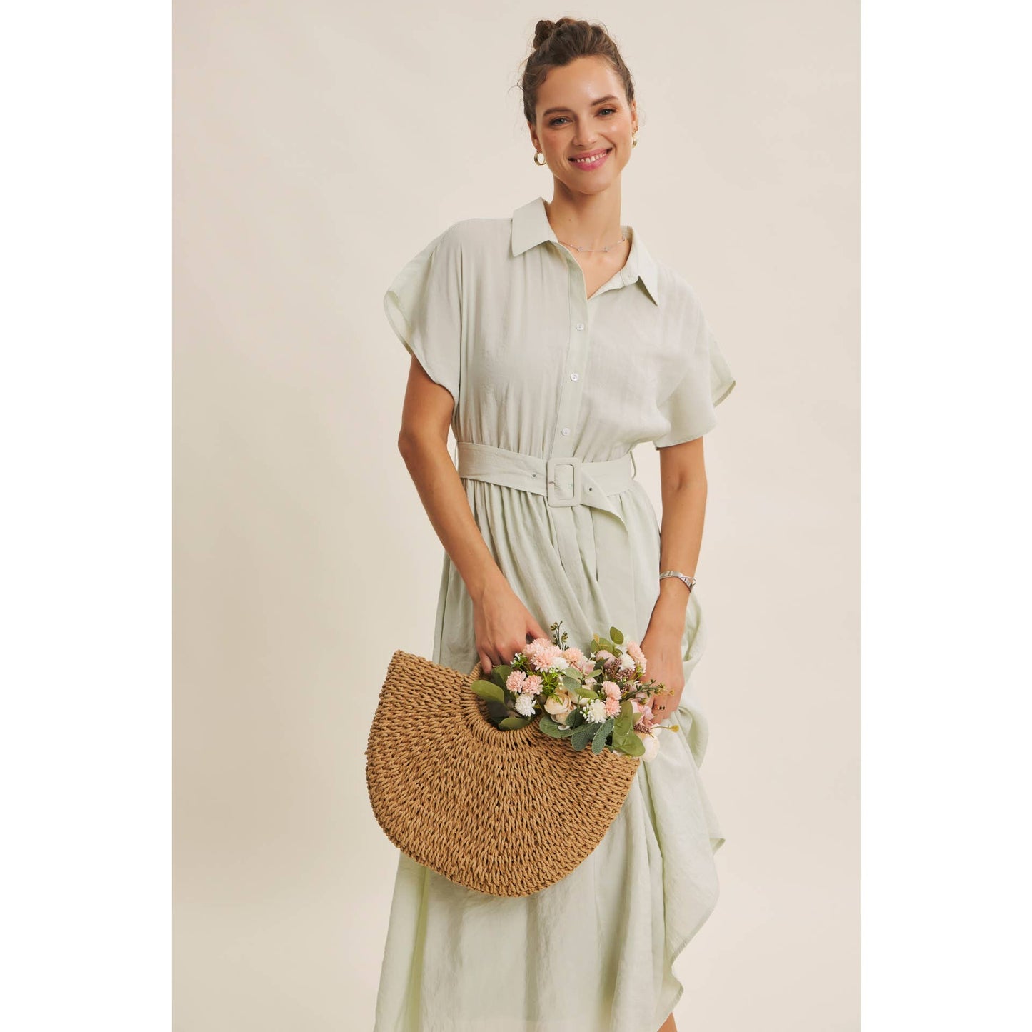 Midi Shirt Dress with Buckle Belt - Pink Peonies