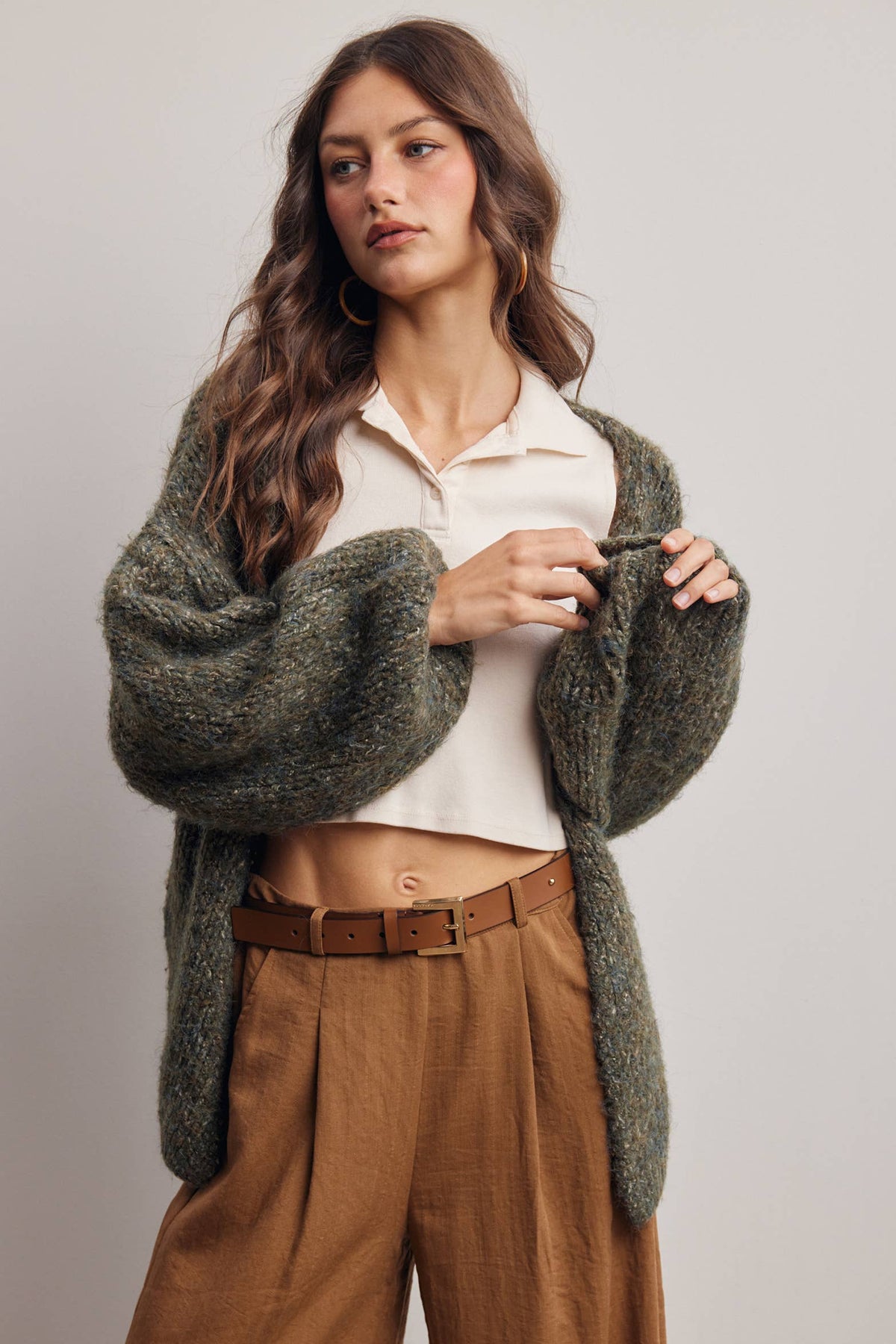 Chunky Soft Touch Knit Cardigan FSW0074: Olive / Contemporary / L