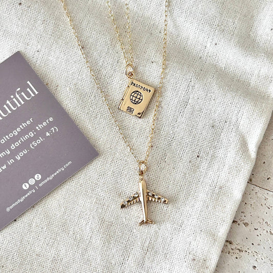 Airplane necklace plane travel necklace aircraft - Pink Peonies