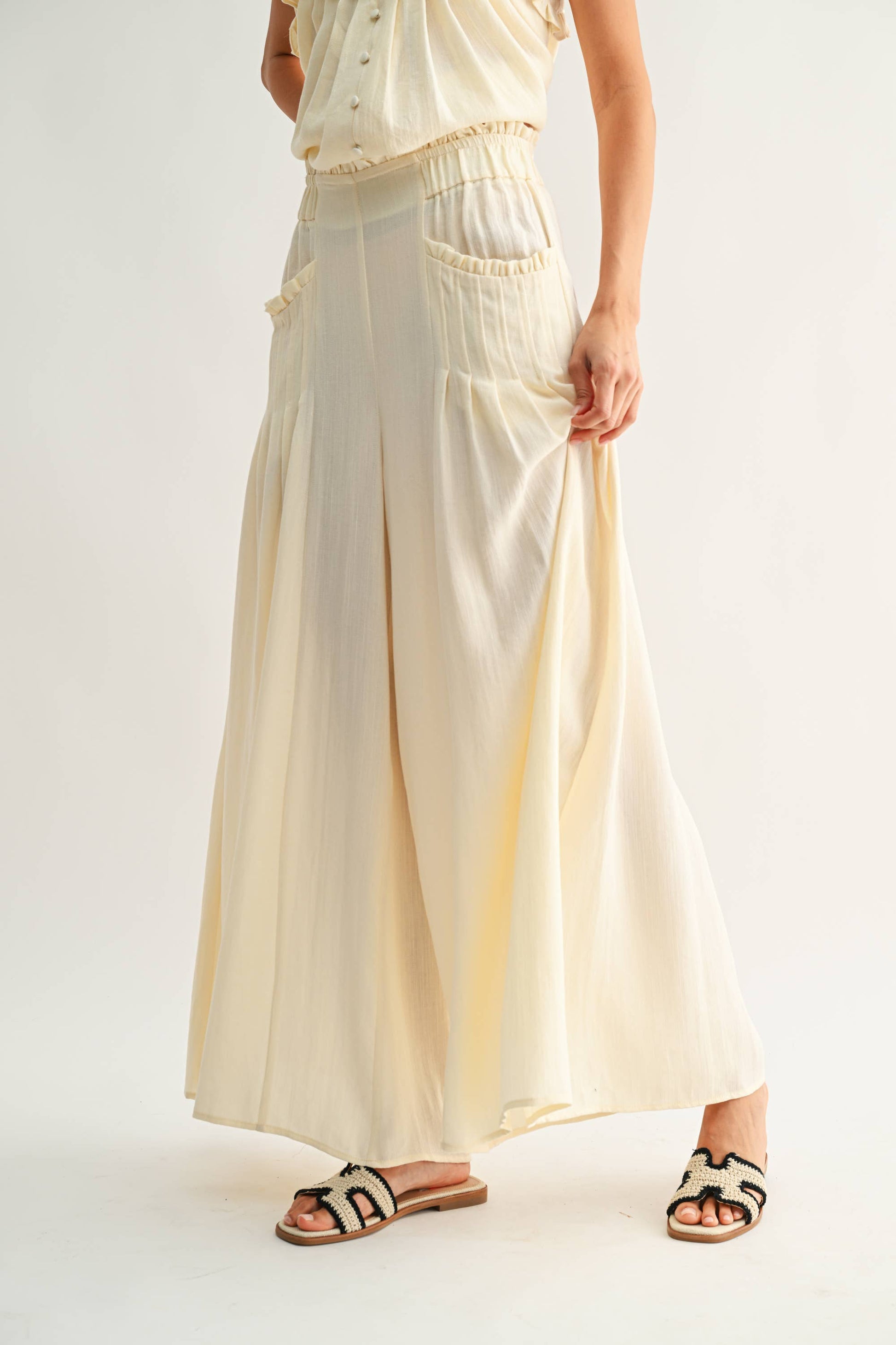 CEP27063 Wide-Leg Palazzo Pant with Ruffle Set - Pants Only: IVORY / S-M-L (3-2-1) - Pink Peonies