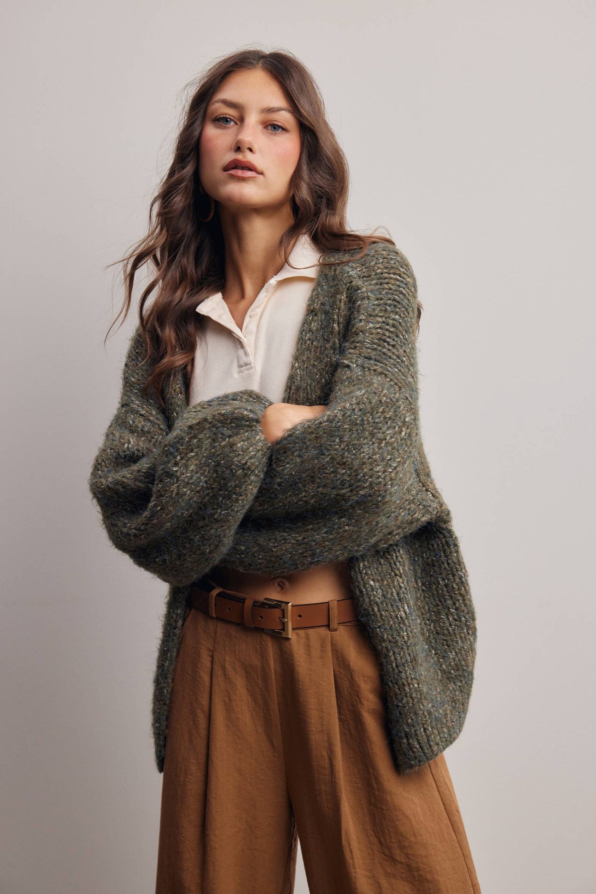 Chunky Soft Touch Knit Cardigan FSW0074: Olive / Contemporary / L