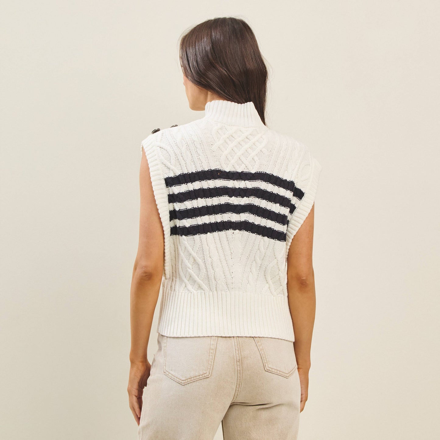Striped button sweater vest: IVORY/NAVY / L - Pink Peonies
