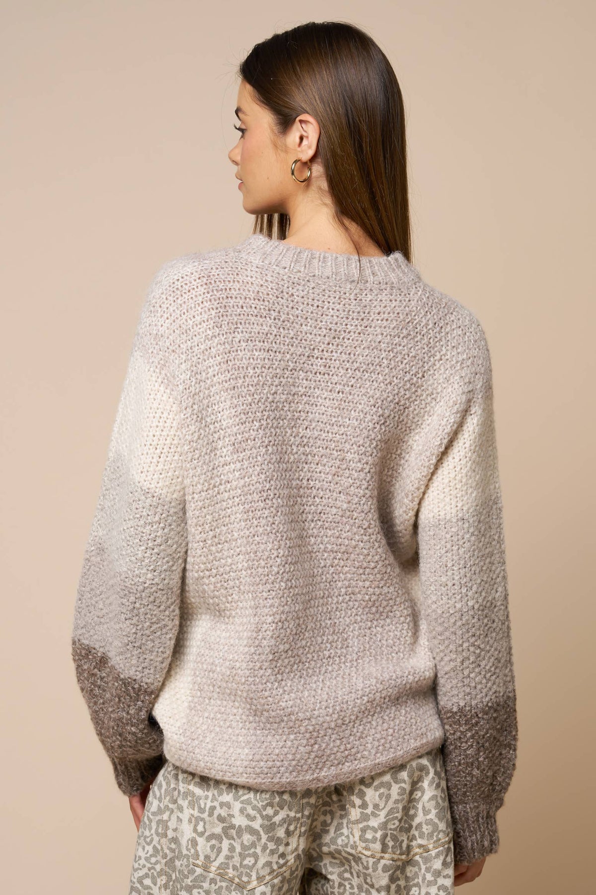 Color Block Cable Knit Sweater: TAUPE / L - Pink Peonies