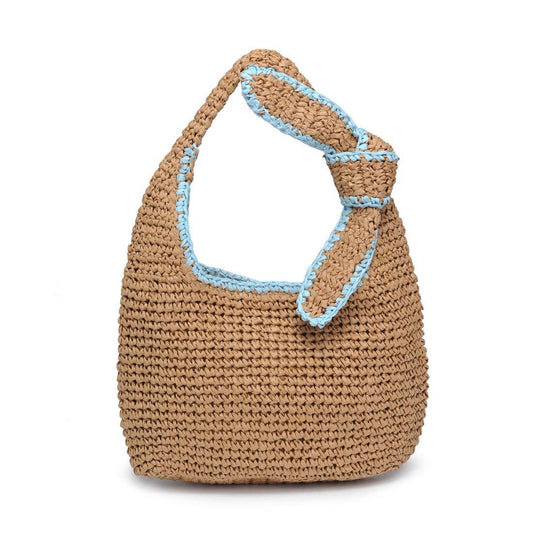 Rattan Knotted Robin's Egg Blue Trim Bag - Pink Peonies