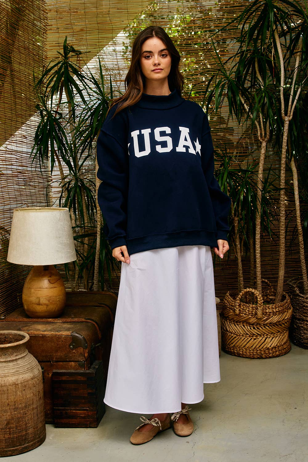 IT2594-USAGINGHAM USA/USA Map Reversible Oversize Sweatshirt: NAVY / S/M-L/XL (3-3) - Pink Peonies