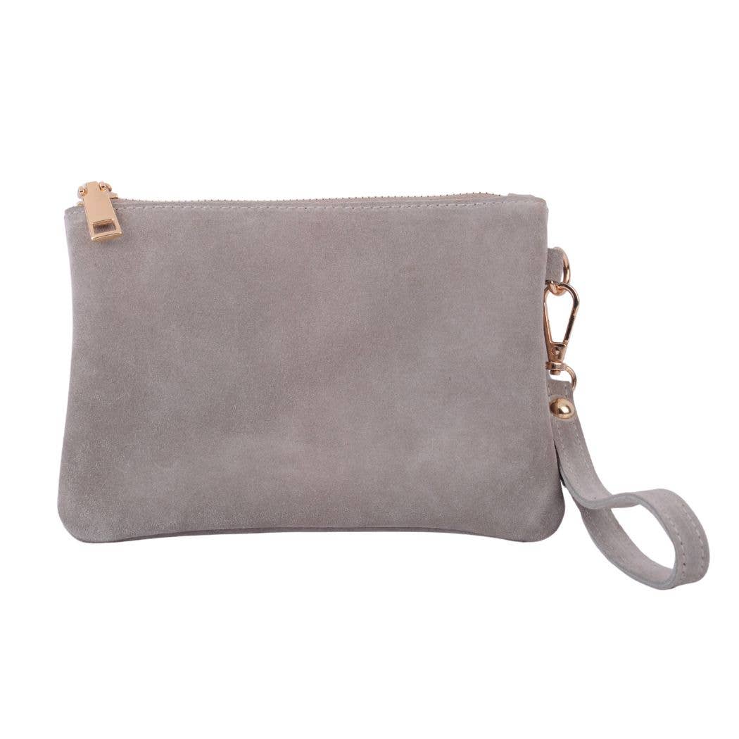 Genuine Suede Wristlet Pouch: Grey - Pink Peonies