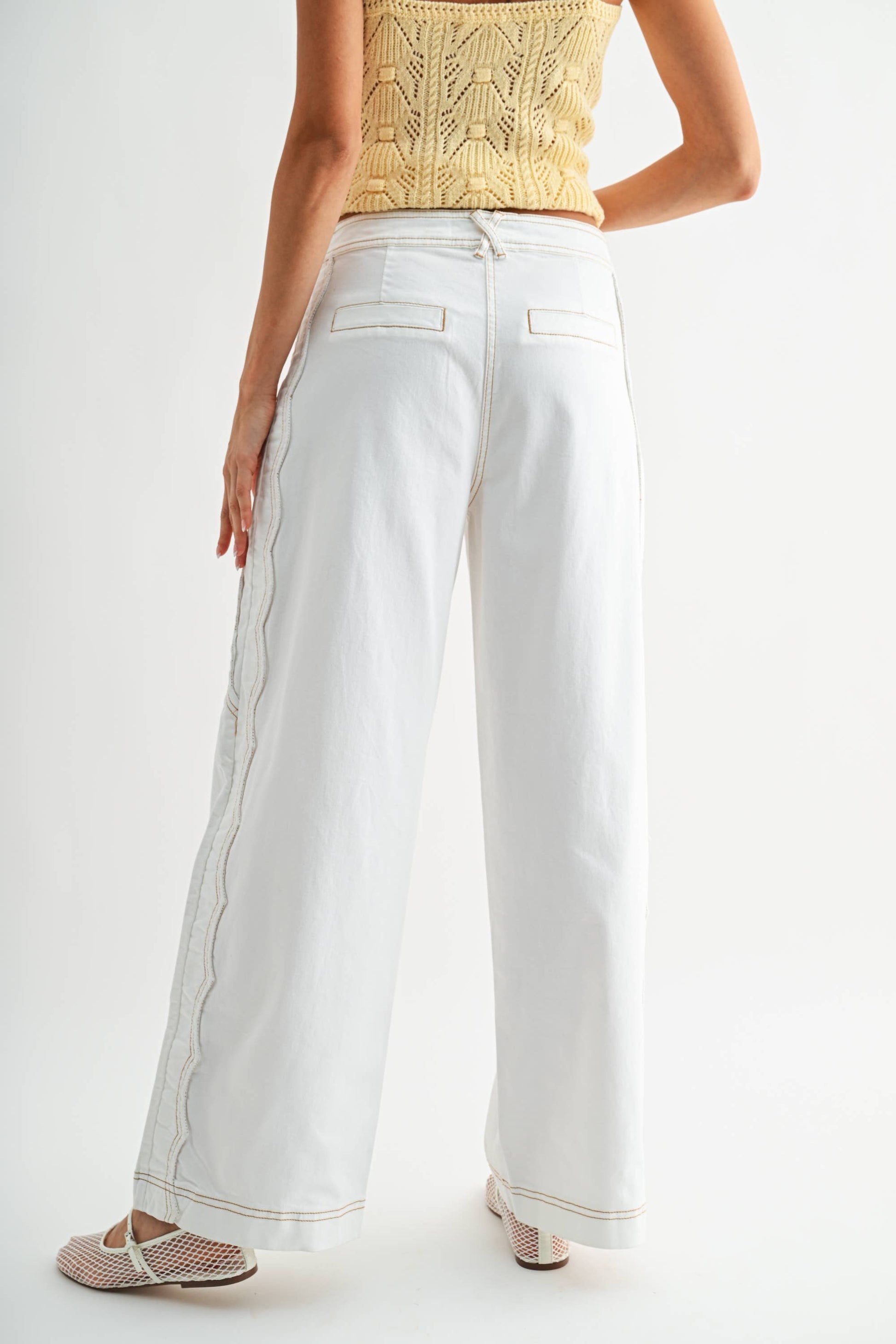 CEP26939 WIDE-LEG STRETCHY DENIM TROUSERS: OFF WHITE / S-M-L(3-2-1) - Pink Peonies