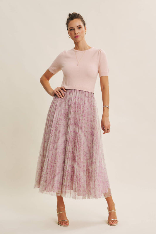 Field of Pleated Wildflowers Sweater Mix Media Midi Dress - Pink Peonies