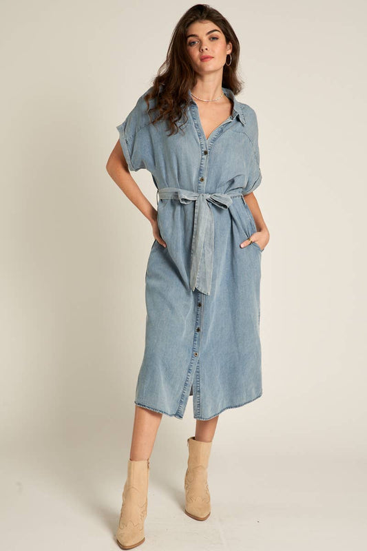 Short Sleeve Denim Button Down Dress with Belt