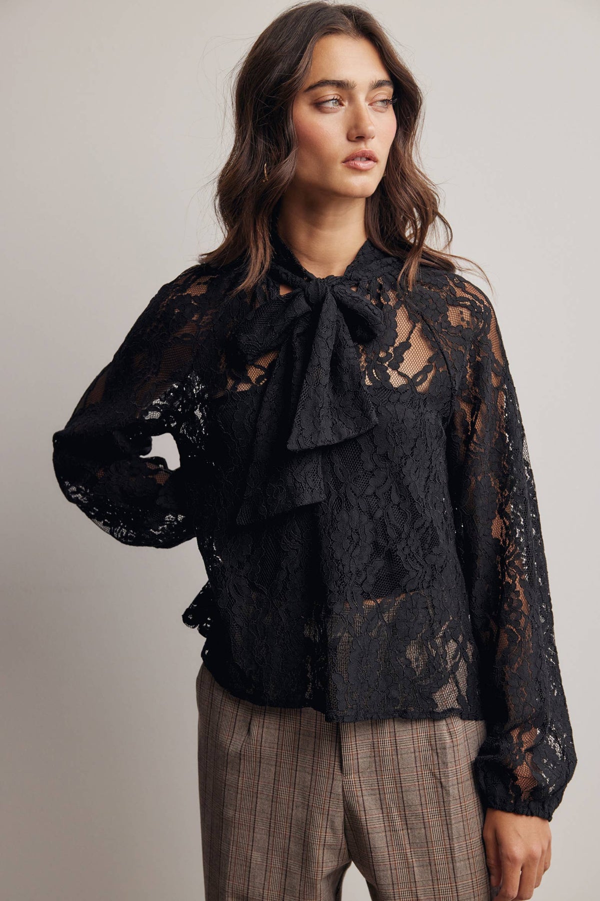 Sheer Lace Tie Neck Black Blouse