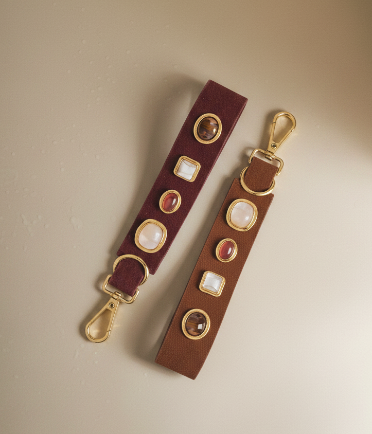 Gemstone Suede Keychain: Caramel - Pink Peonies