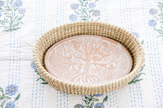 Oval Birds In A Tree Bread Warmer Basket - Pink Peonies