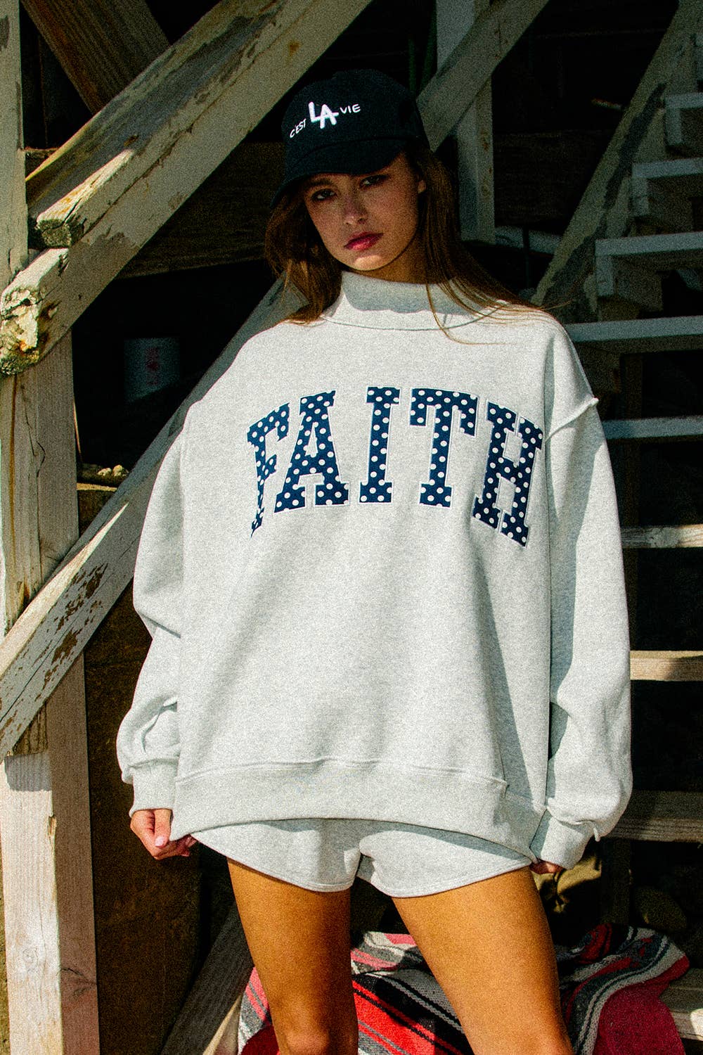 IT2594E-FAITH | Embroidered Polka-Dot Mock Neck Sweatshirt : H.GREY/POLKA DOT / S/M-L/XL (3-3) - Pink Peonies