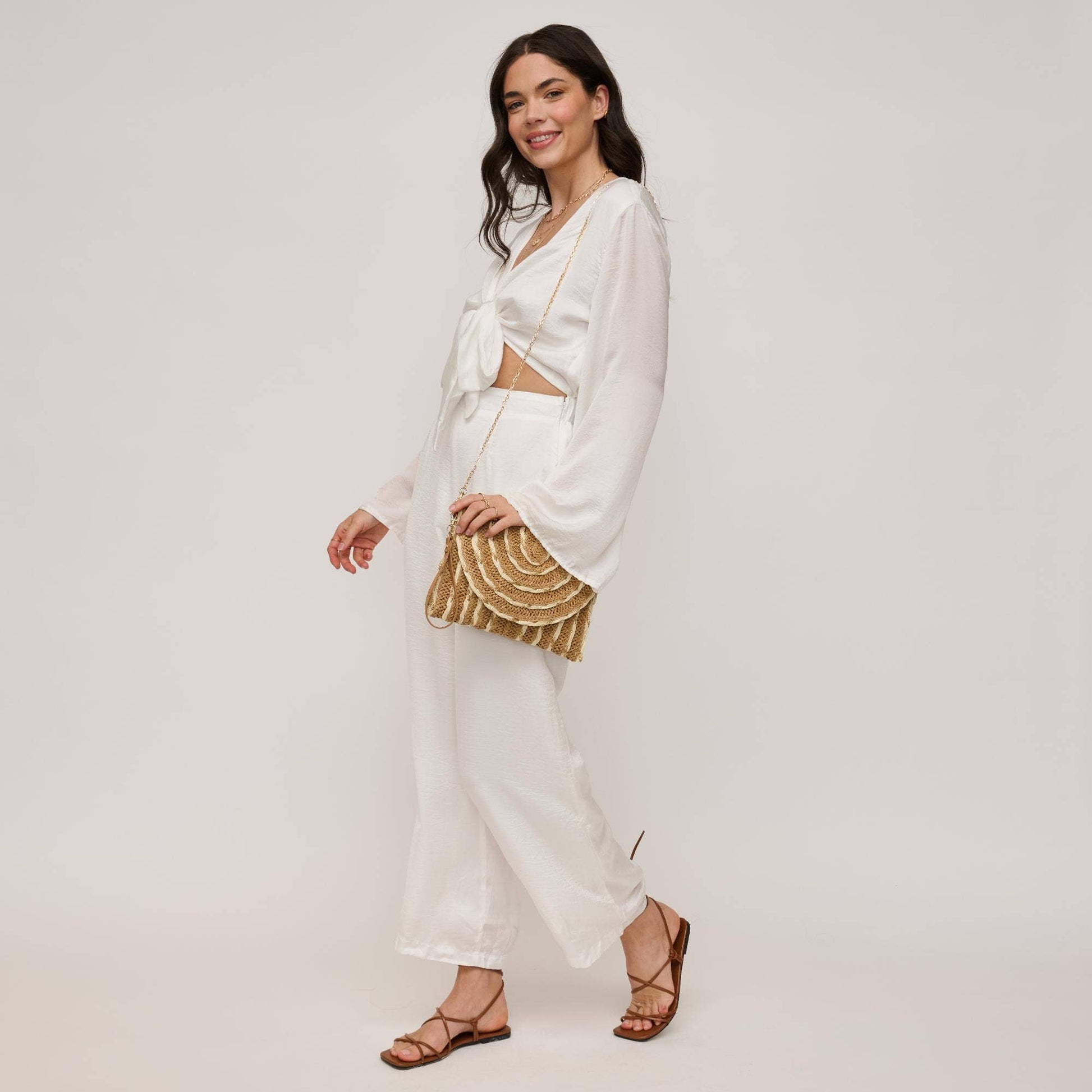 Golden Hour Ruffle Natural Ivory Clutch - Pink Peonies