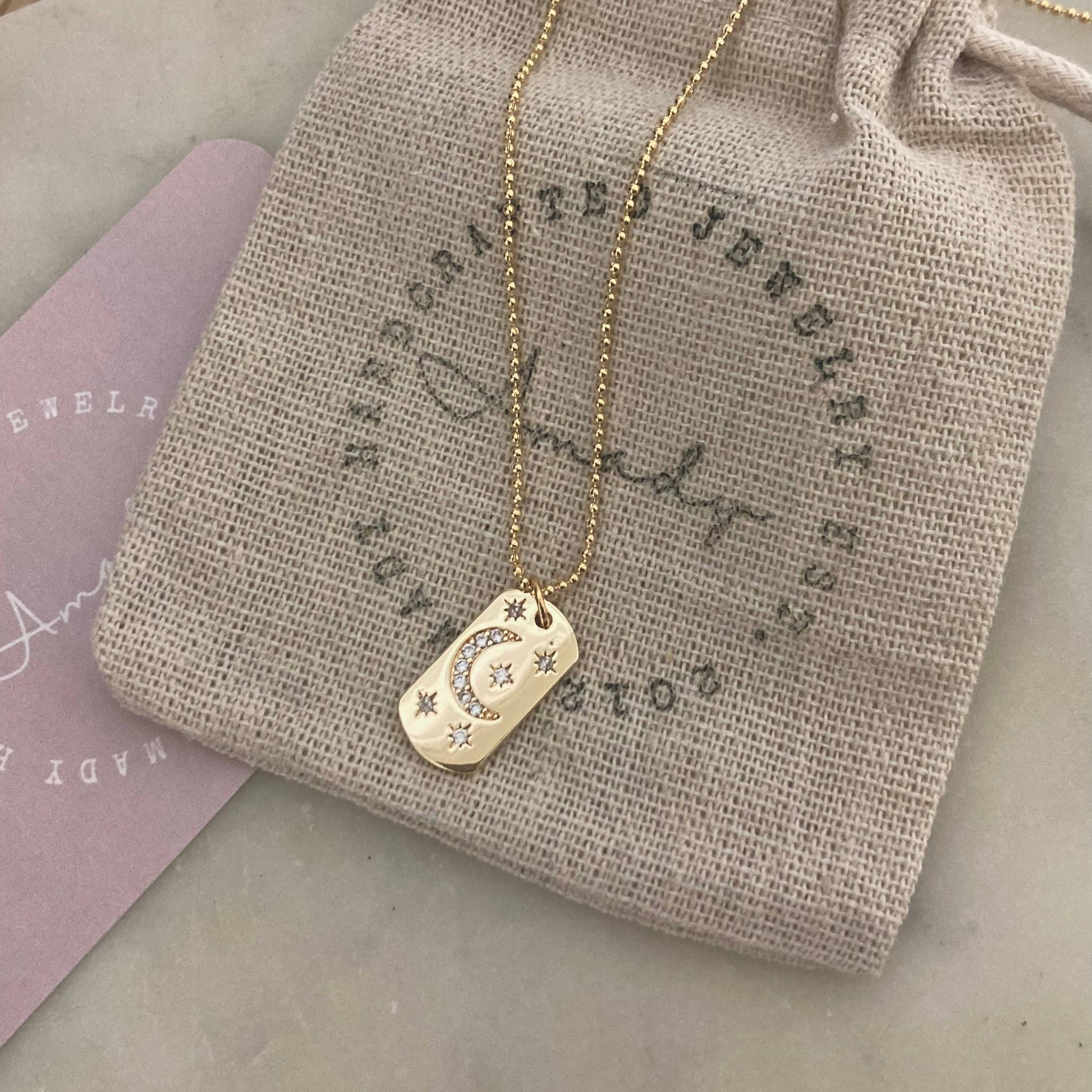 Half Moon Crescent Star Medallion 18K gold dog tag necklace - Pink Peonies