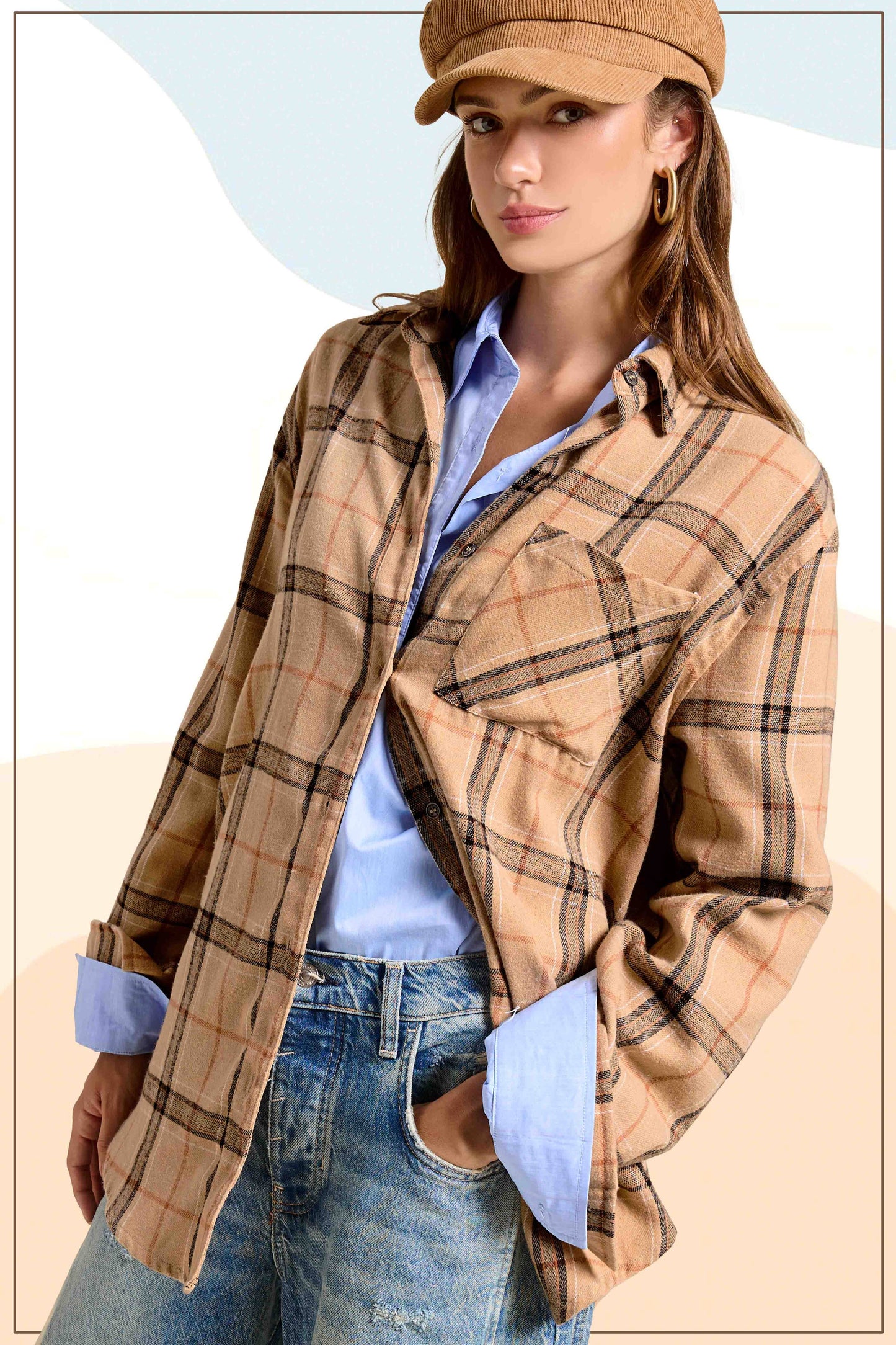 SRT1312-Soft Fabric Plaid Loose Fit Button Down Shirt: Tan / L - Pink Peonies