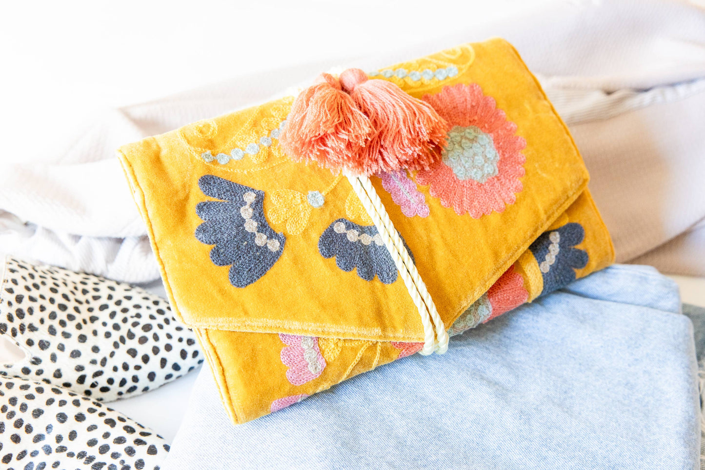 Embroidered Velvet Jewelry Organizer-Mustard - Pink Peonies