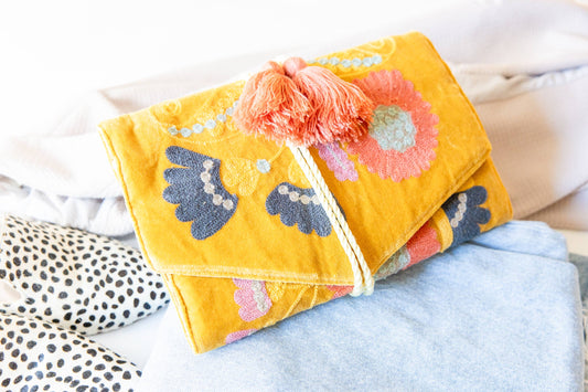Embroidered Velvet Jewelry Organizer-Mustard - Pink Peonies