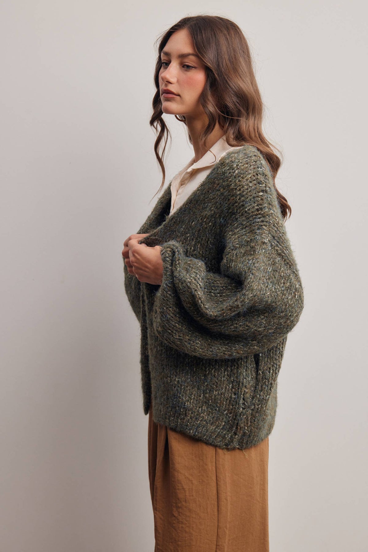 Chunky Soft Touch Knit Cardigan FSW0074: Olive / Contemporary / L