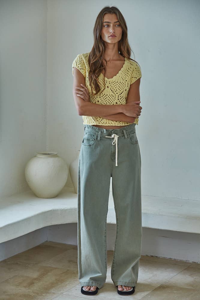 W2030 | Knit Sweater Cotton Crochet V-Neck Cap Sleeve Top: Butter Yellow / L - Pink Peonies