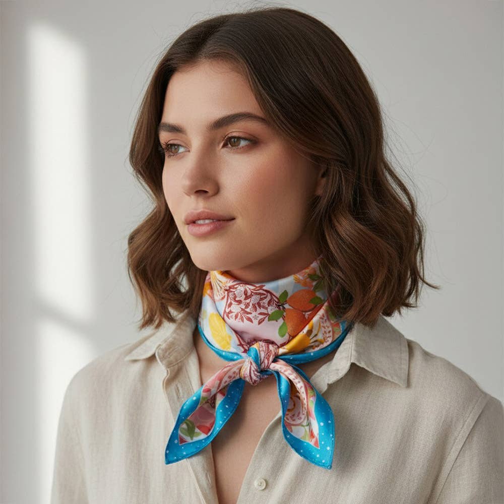 Seaside Feast Print Square Bandana Scarf: Coral - Pink Peonies