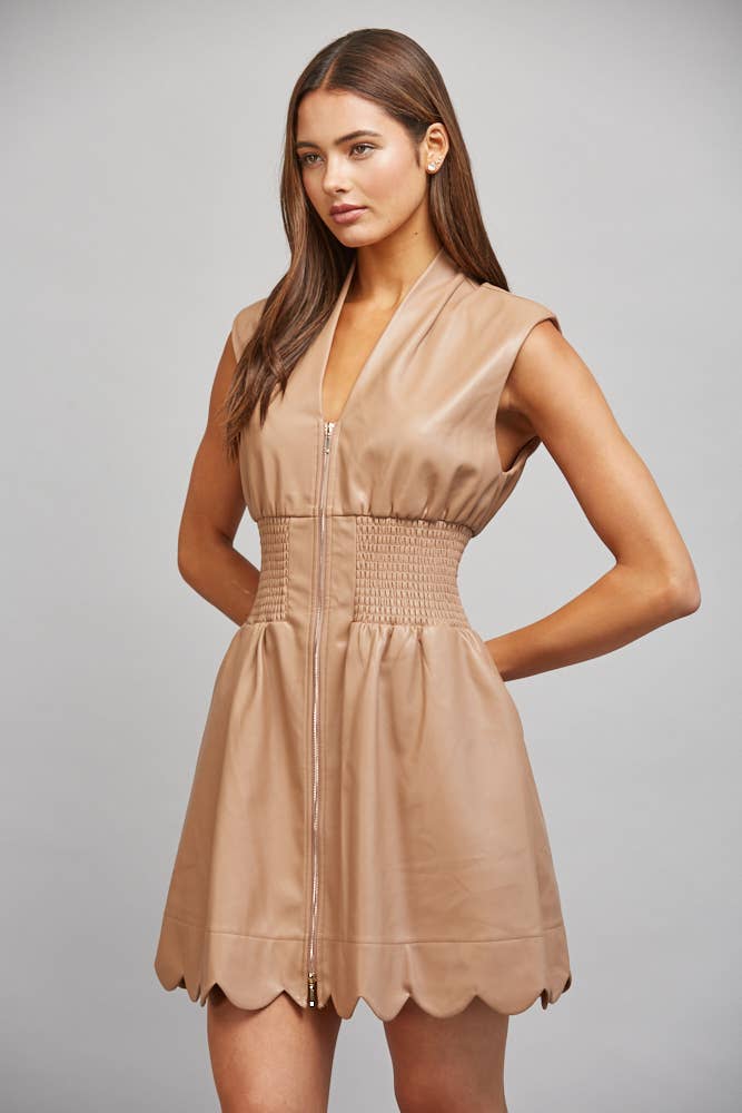 Faux Leather Smocked Waist Dress - Pink Peonies
