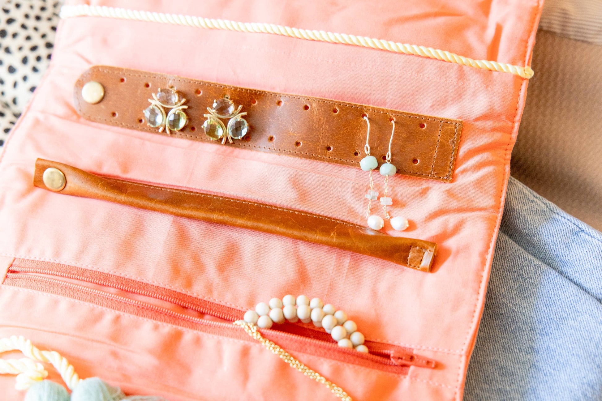 Embroidered Velvet Jewelry Organizer-Coral - Pink Peonies