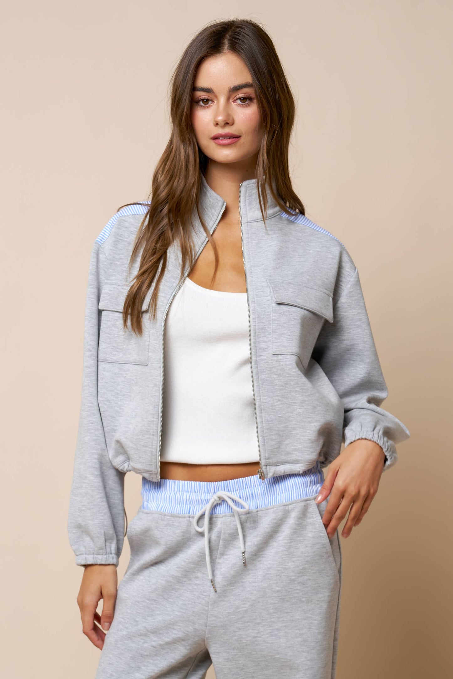 Color Block Zip Up Mock Neck Sweatshirt