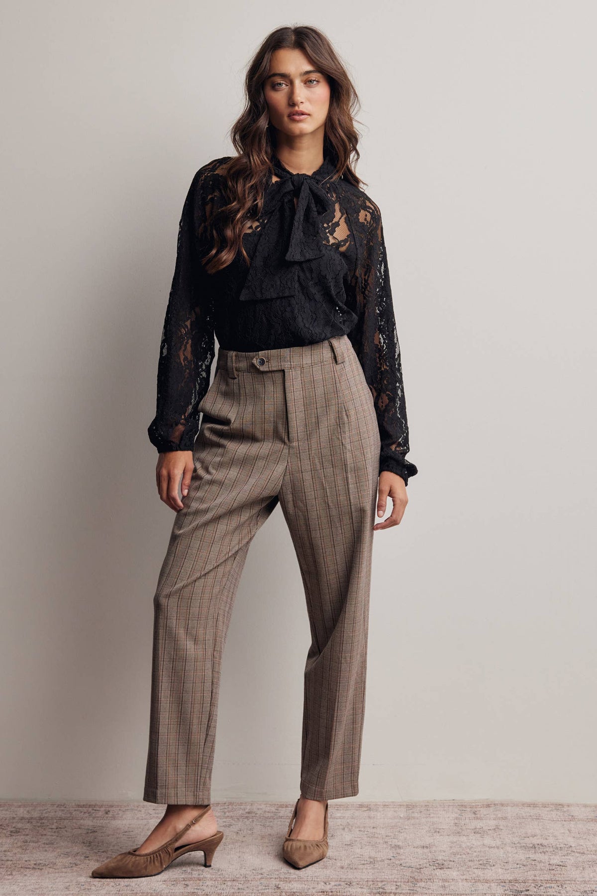 Sheer Lace Tie Neck Black Blouse
