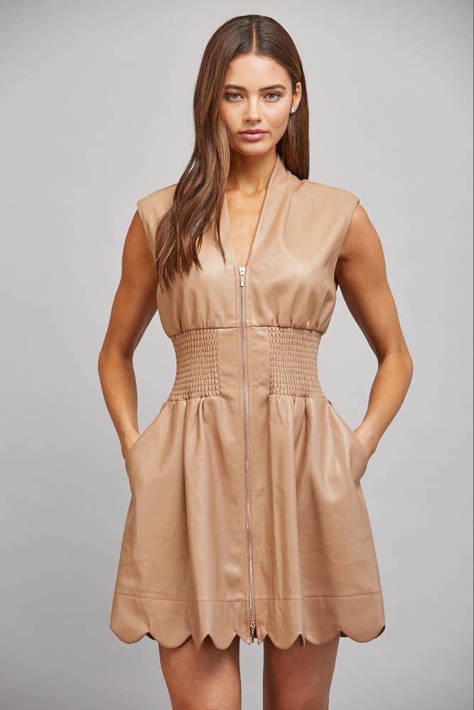 Faux Leather Smocked Waist Dress - Pink Peonies