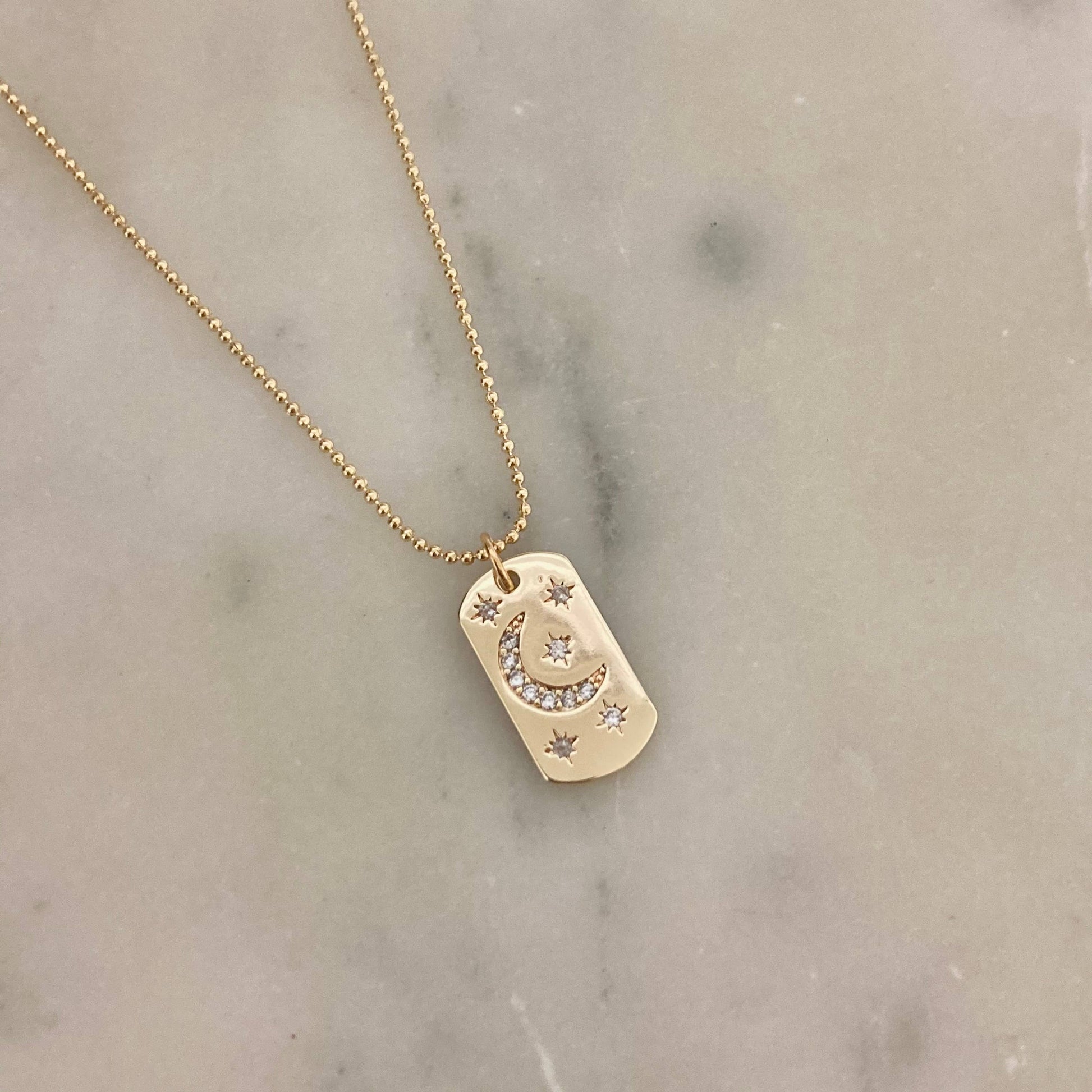 Half Moon Crescent Star Medallion 18K gold dog tag necklace - Pink Peonies
