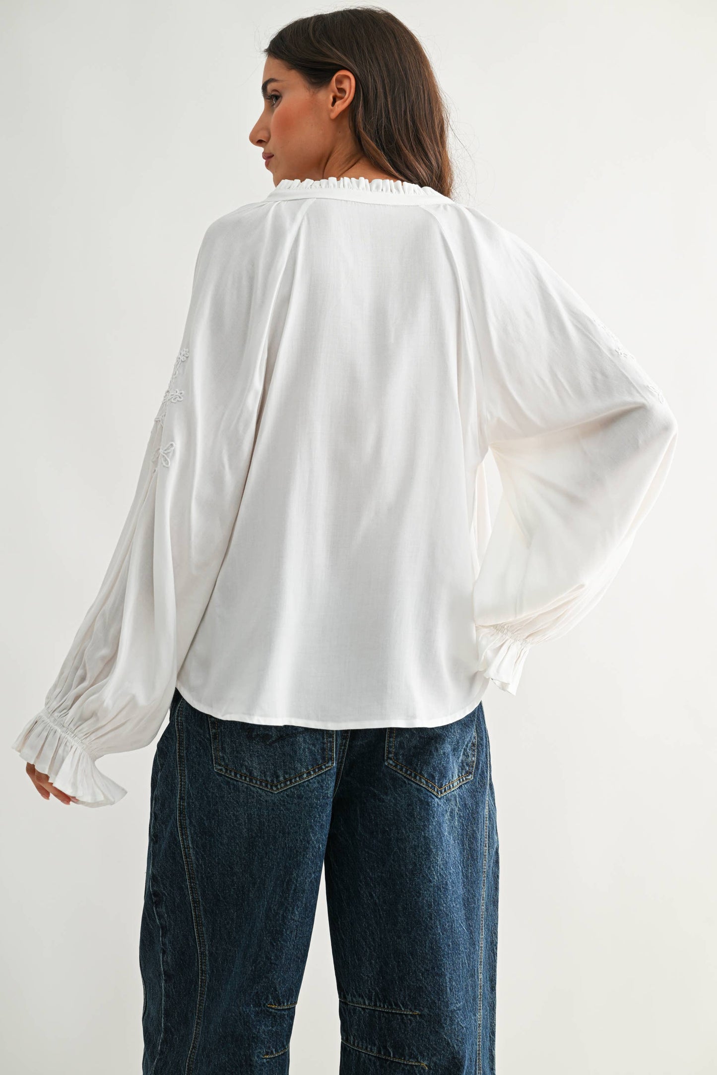 CMT26709 Boho-Chic Embroidered White Peasant Blouse: OFF WHITE / S-M-L (3-2-1) - Pink Peonies