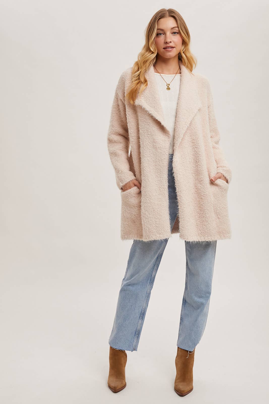 SOFT FUZZY DRAPE FRONT CARDIGAN: MUSHROOM / M/L - Pink Peonies