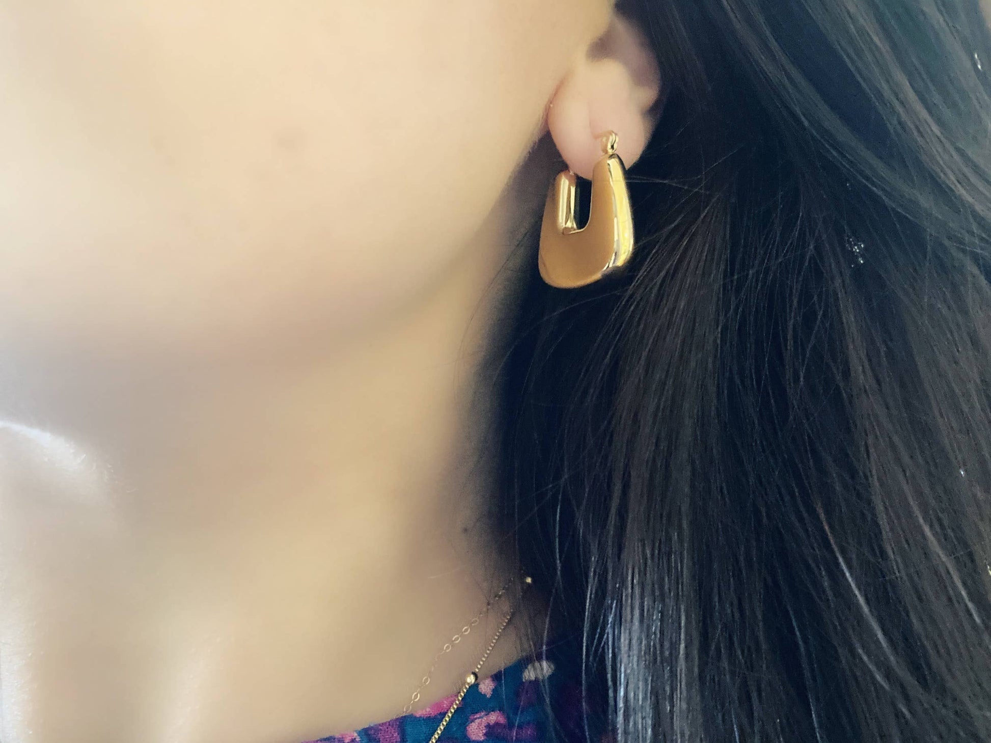 Lightweight gold chunky hoop earring gold plated waterproof - Pink Peonies