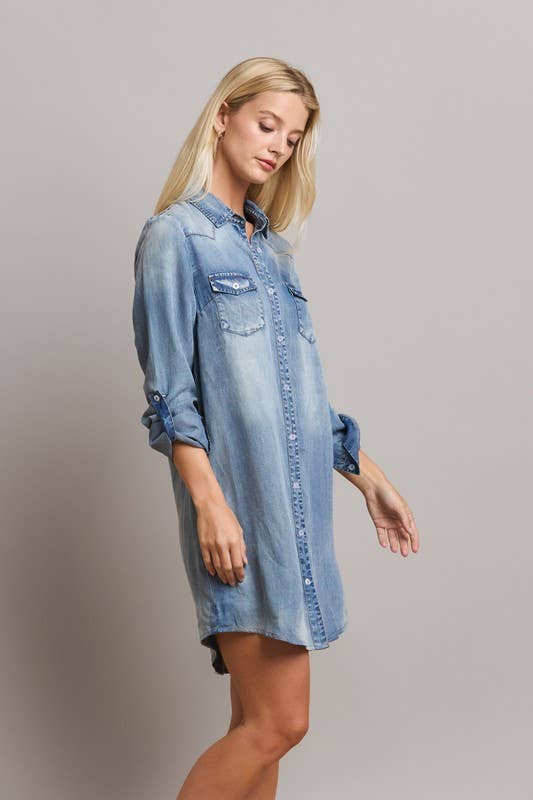Tencel Denim Shirt Dress - Pink Peonies