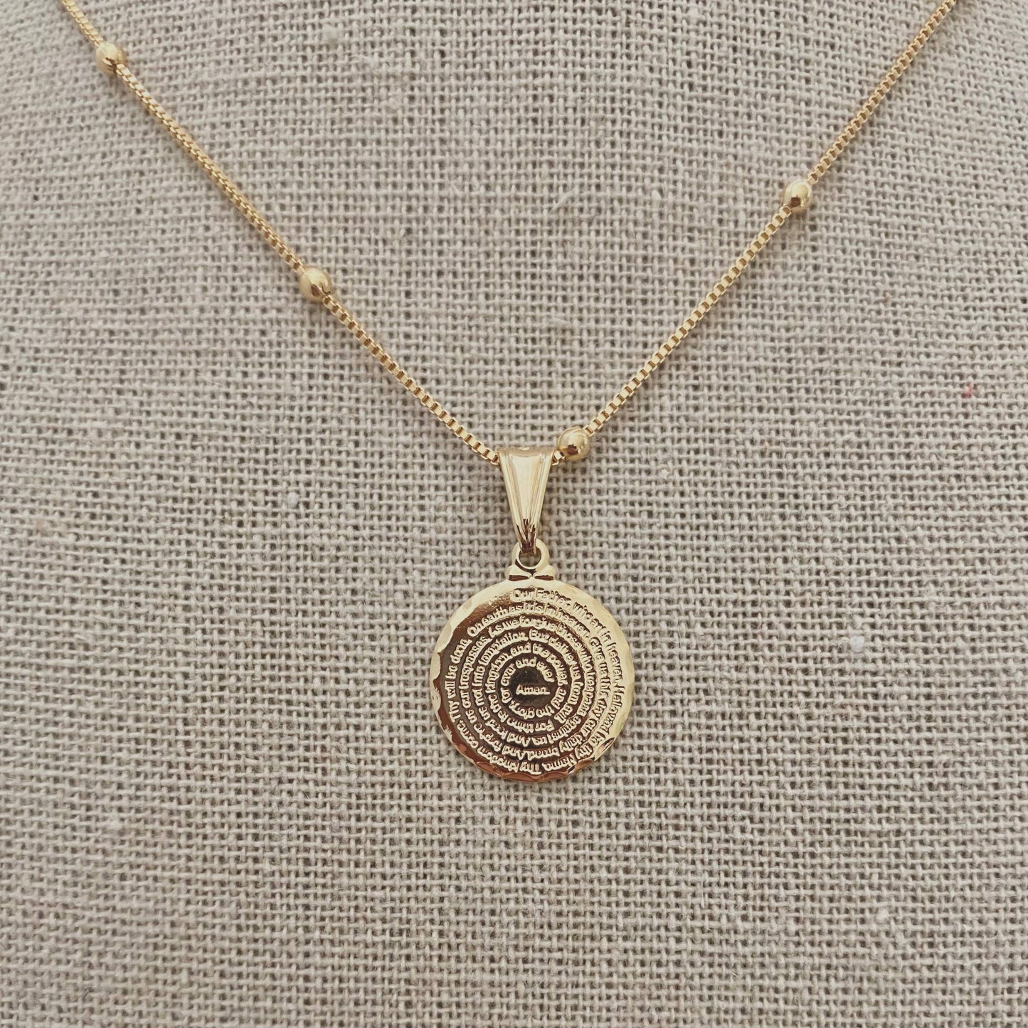 Our Father prayer coin charm necklace 18k GF satellite chain - Pink Peonies