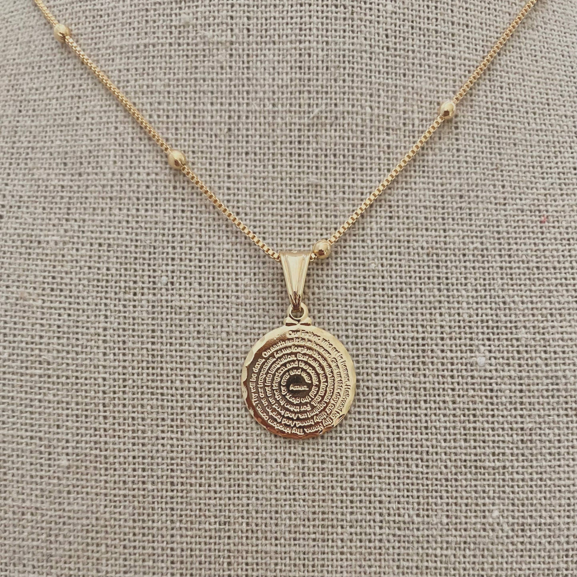 Our Father prayer coin charm necklace 18k GF satellite chain - Pink Peonies