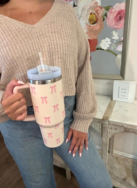 40 oz Pink Stainless Steel Handled Bow Tumbler with Straw - Pink Peonies