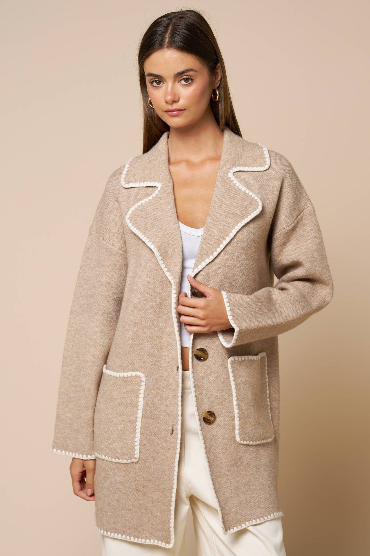 Contrast Trim Button Front Coat: TAUPE / L - Pink Peonies