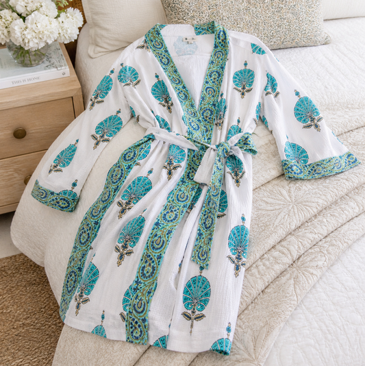 Turquoise Breeze Waffle Robe - Pink Peonies